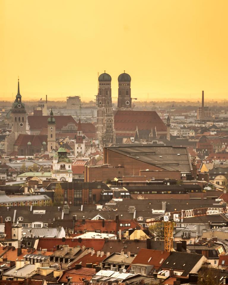 view over Munich city at sunset