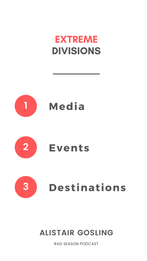 three divisions: - Media and the marketing - Events - Destinations where we're developing the brand into hotels, parks, resorts and accommodation